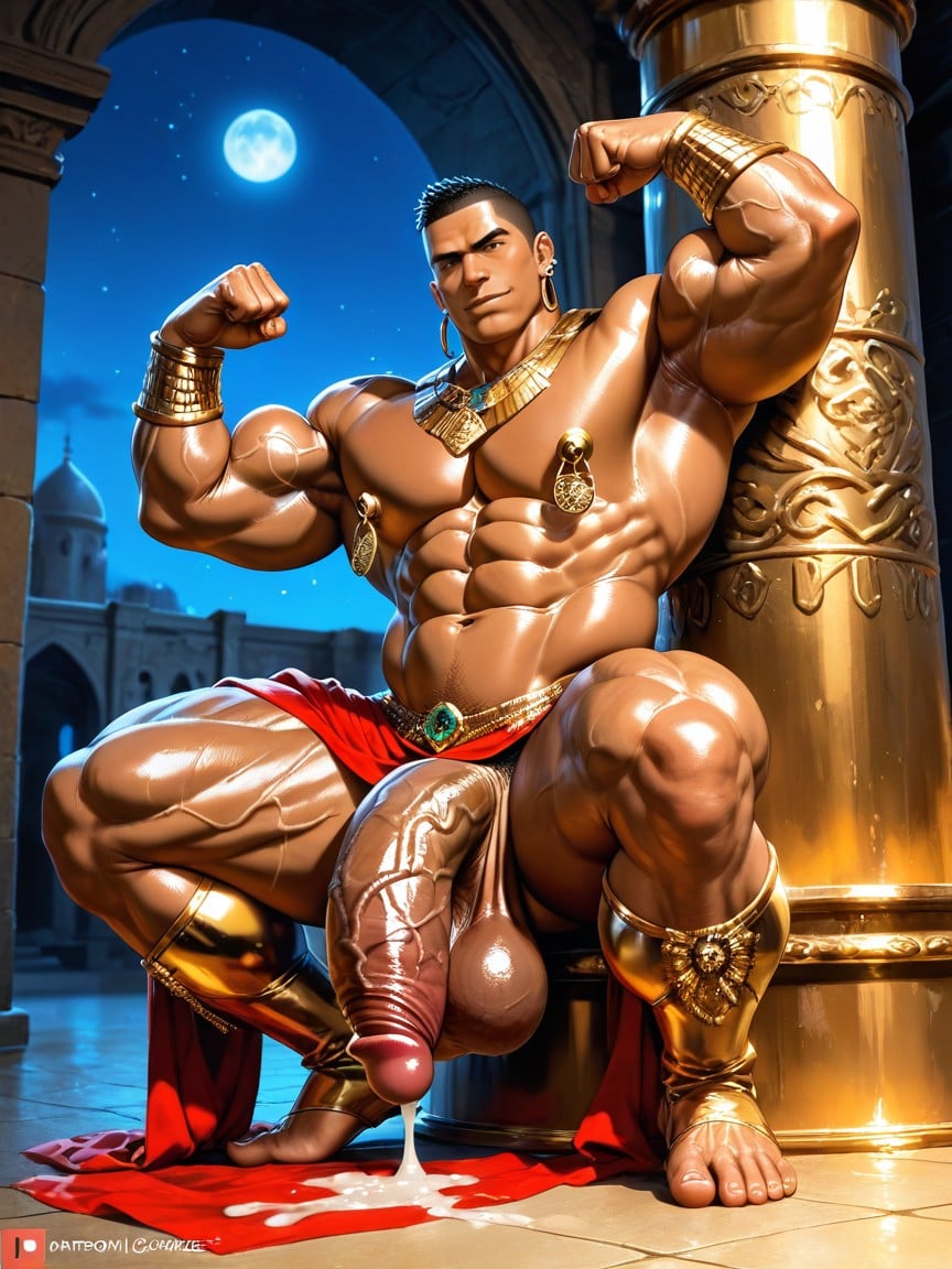 Growing Oversized Round Bulging Heavy Plump Pillowy Pecs, Walking Out Ancient Arabesque Palace, Musclé Porno IA Gay