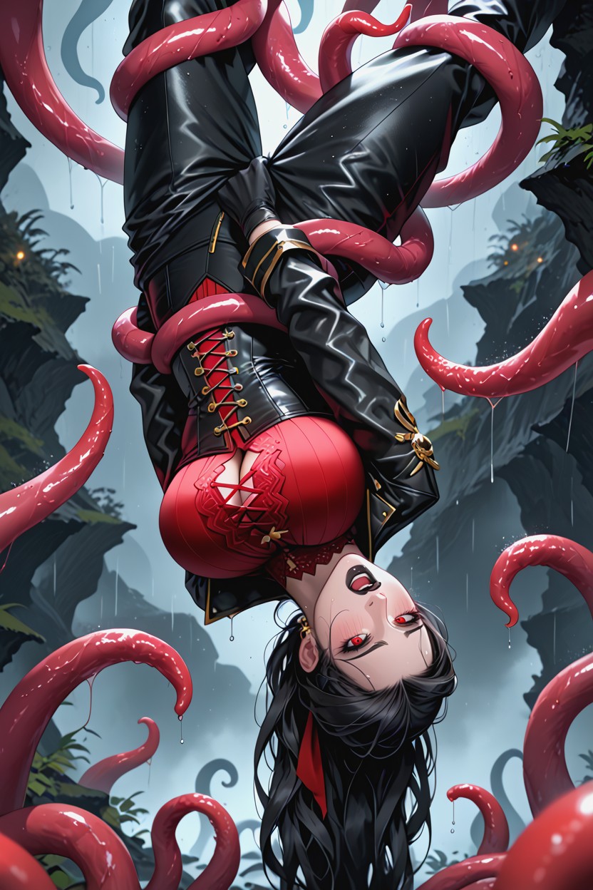 Tentacles Lifting Woman Upside Downby The Legs, Vibrant Red Eyes, Massive Breasts Hentai IA