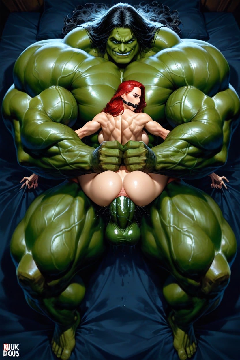 Front View, The Hulk Mockingly Smirking At Black Widow While Fucking Her His Massive Cock, Grab Waist Hentai AI Porn