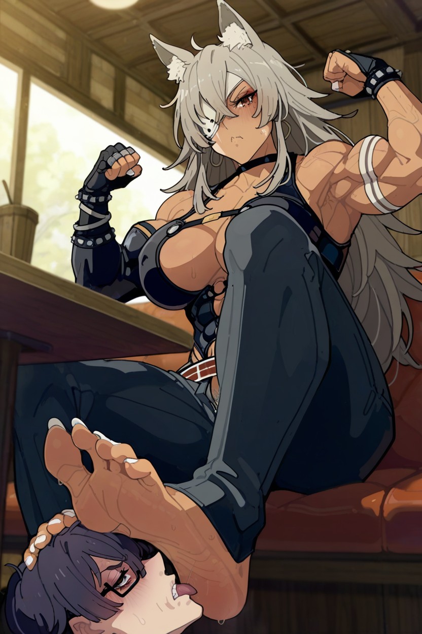 Elongated Sharp Toenails, Single View, Super Extremely Muscular Female Hentai AI Porn
