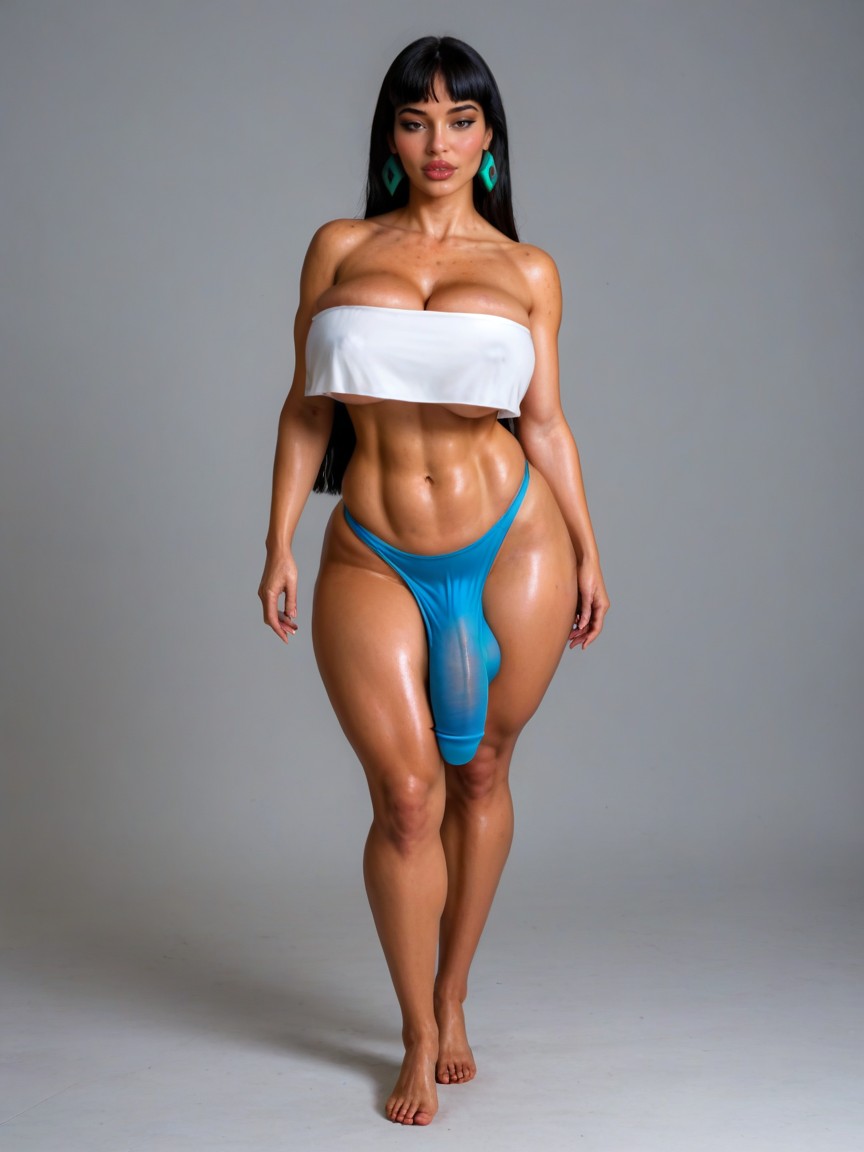 Perfect Skin, White Transparent G-string Bikini, Massive Cleavage Shemale AI Porn