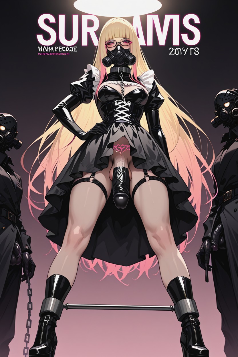 Legs Spreader Bar, Absurdly Long Blunt Hair, Black Latex Thigh High Boots Porno IA transsexuelle