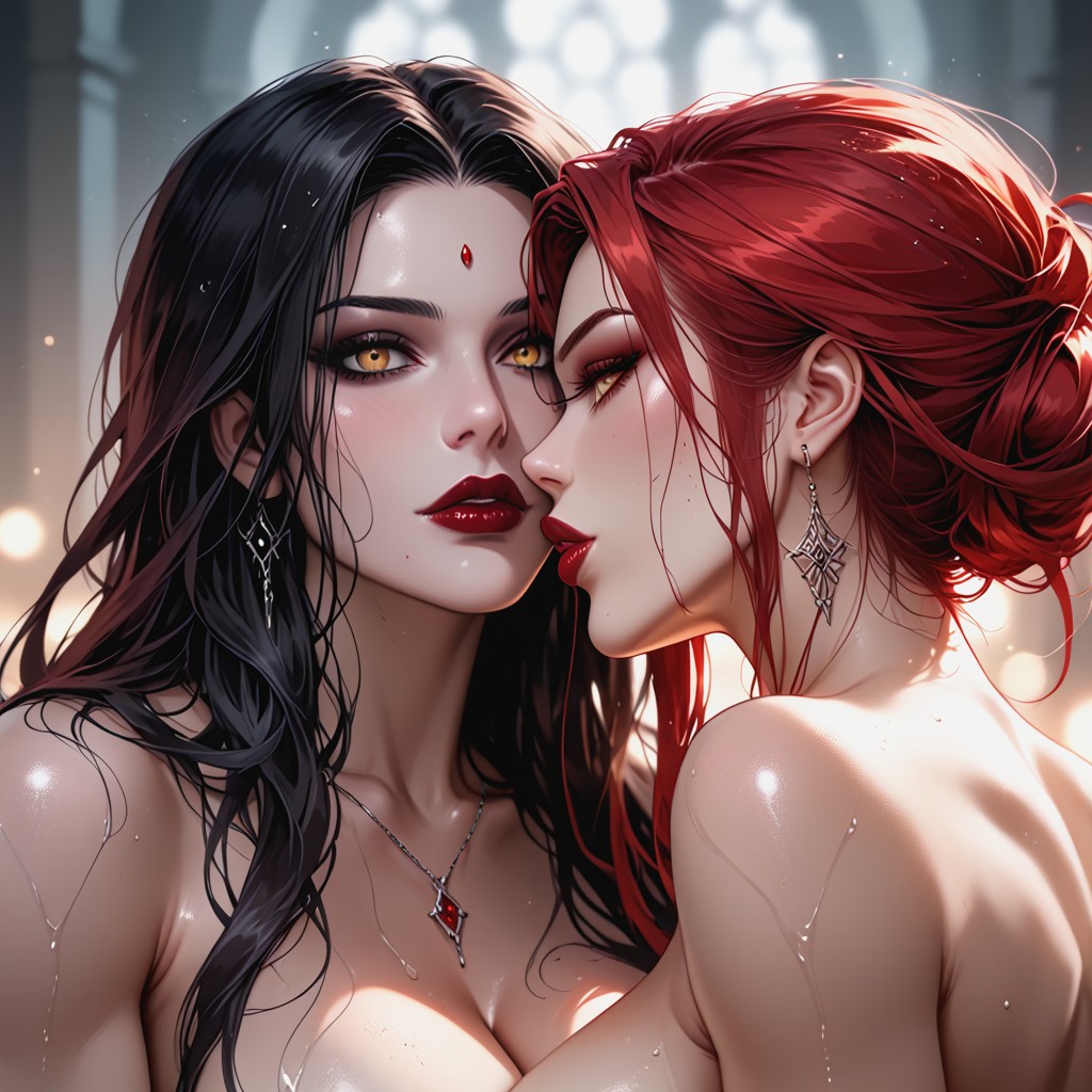 Break Female, Black Eyes, Holding Hand On Other Female Face Hentai IA