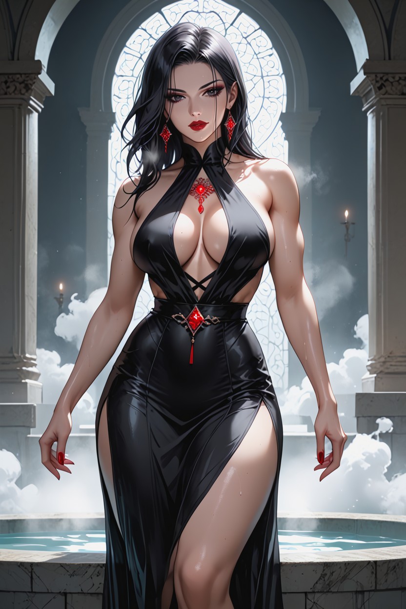 Black Eyes, Crimson Lips, Beautiful Cold Detailed Face Hentai AI Porn