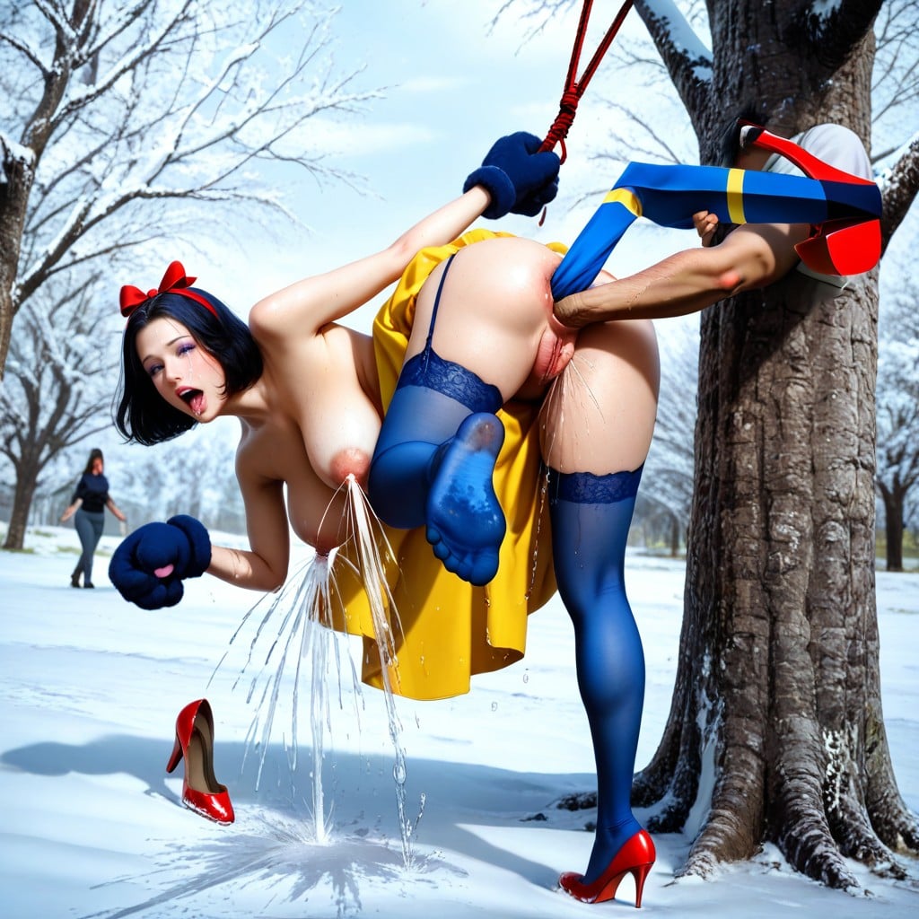 Of, Snow White Wearing Open Blue Puffy Blouse Exposing Medium Round Breasts, 2 People AI Porn