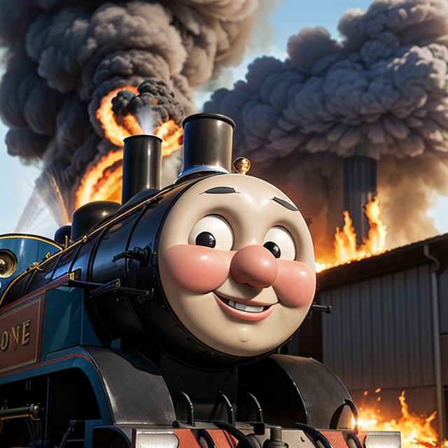 Maniacal Grin, Thomas & Friends Comic Art Style, Close View On Thomas Face AI Porn