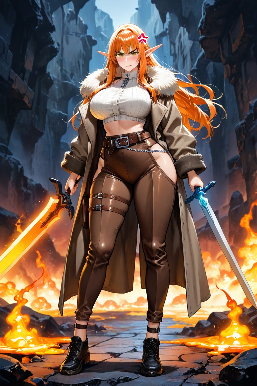 Volcanic Chamber, Silver Waist Chain, Middle Tail Dark Brown Coat Hentai AI Porn