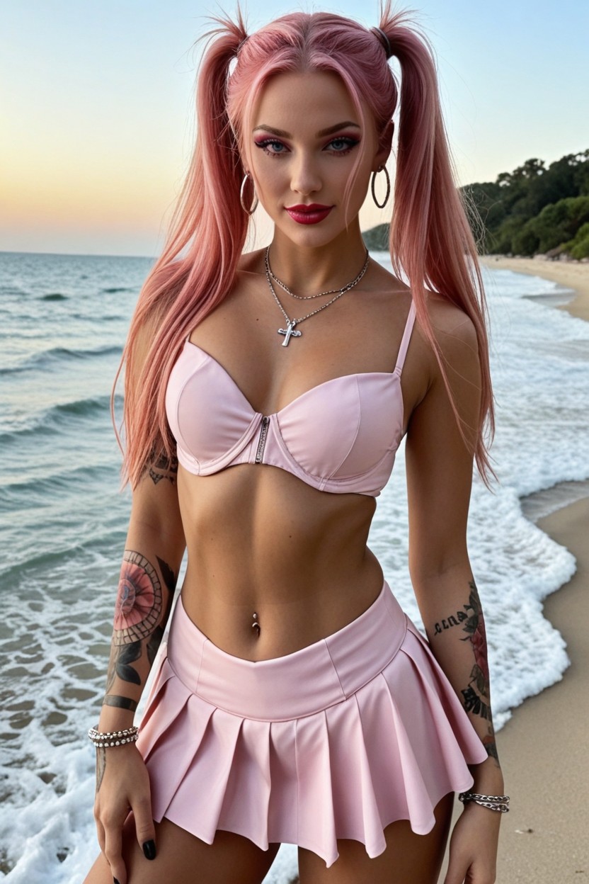 Large Hair Volume, Silver Eyeshadow, Right Arm Full Of Colourful Tattoos All Over Her Body AI Porn