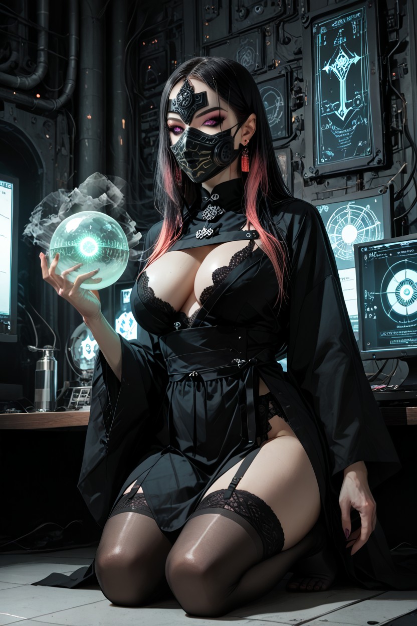 Atmospheric Cult Lighting, Woman Holds Green Orb In Hands, Kneeling Hentai AI Porn