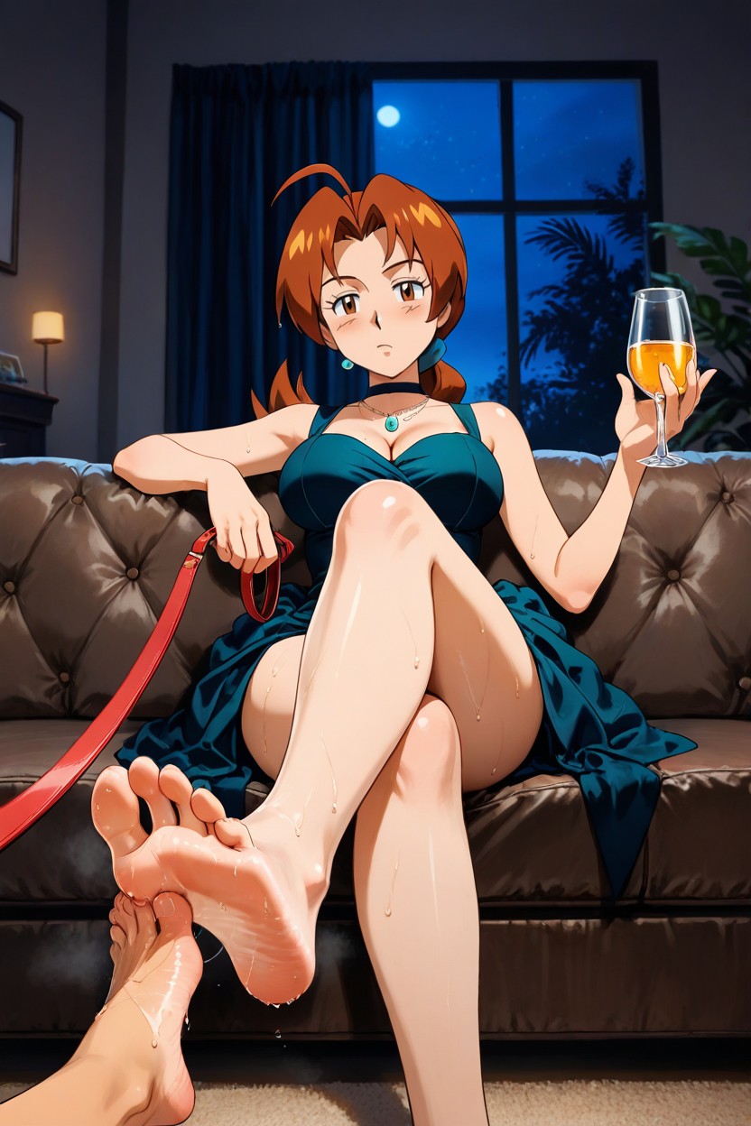 Barefoot, Deila Ketchum Sitting On A Brown Sofa, 25+ Hentai AI Porn