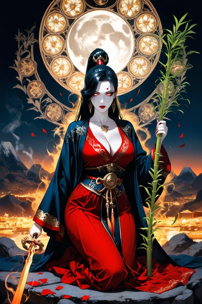 Drifting Petals, Mystical Forehead Marking, Standing In An Ancient Mountain Temple At Night Hentai AI Porn