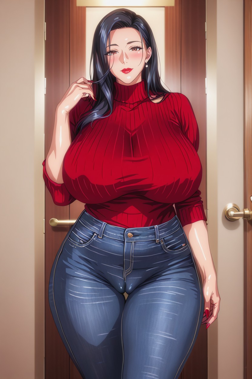 Hourglass, Black Hair, Red Sweater MILF AI Porn