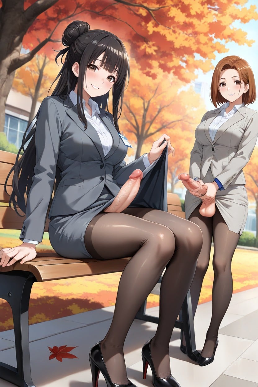 Lifting Skirt With Own Penis, Park, They Wearing Gray Office Suit Jacket And Gray Pencil Skirt Hentai AI Porn