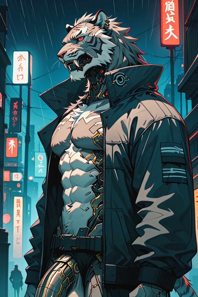 Open Jacket Revealing Chest, Dramatic Lighting, Bottom Up ファーリーAIポルノ