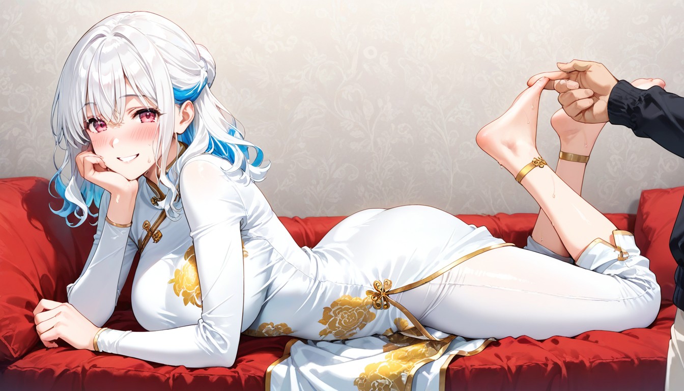 White Capri Pants, Red And White Hair, Print On Pants AI Porn