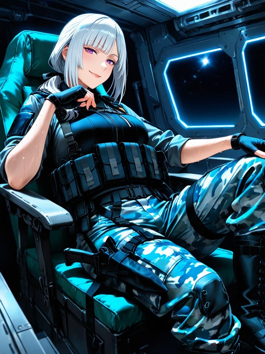 Black Tactical Vest With Pouches, White Hair In A Sleek Bob, Realistic Art Style Hentai AI Porn