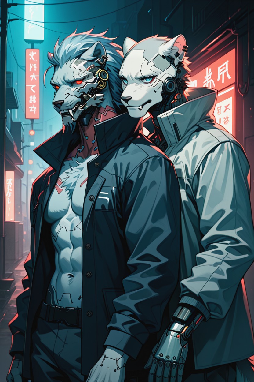 Streetwear With Neon Edges, Strong Posture, Unbuttoned Cyberpunk Jacket Furry AI Porn