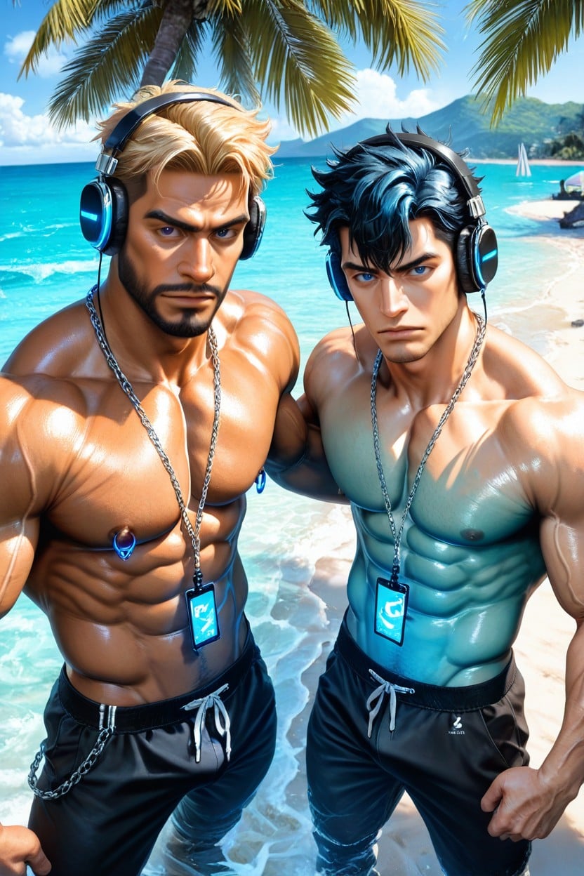 Strong Poses, Facing The Viewer, Both Men Withmasculine Facial Features AI Gay Porn