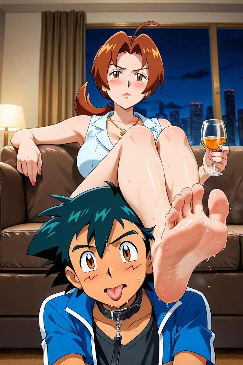 Deila Ketchum Sitting On A Brown Sofa, Barefoot, Holding A Leash Hentai AI Porn