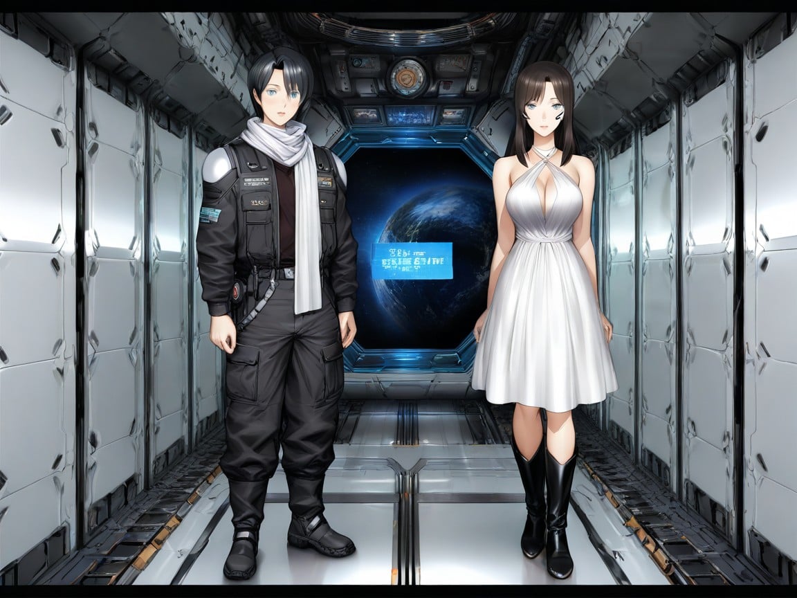 Spaceship, He Wears Black Utility Pants Tucked Into Tall Black Boots, Smooth Skin Hentai AI Porn