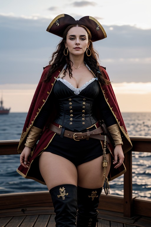 Bbw, Giving Her A Legendary, Her Pirate Ship Towers With Black Sails Marked By Her Emblem Ropes Sway AI Porn