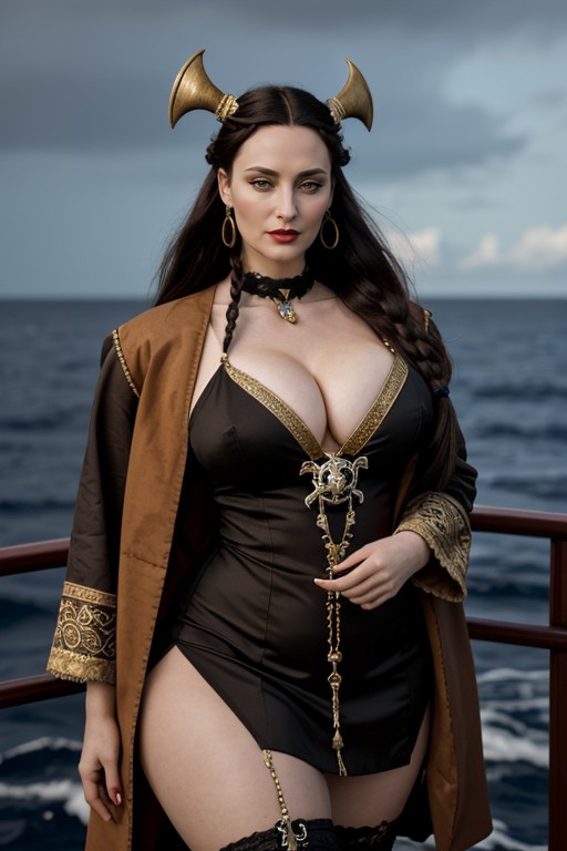Rounded Breast, Woman Like Morticia Addams, Cleavage AI Porn