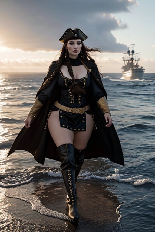 And Commanding Her Long Dark Hair Flows Dramatically In The Ocean Wind, Sea Spray Drifting Around Her, Bbw AI Porn