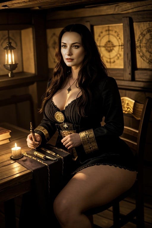 Illuminated By Warm Lantern-light Wooden Beams, Compasses, And The Commanding Presence Of A Brilliant Pirate-queen AI Porn
