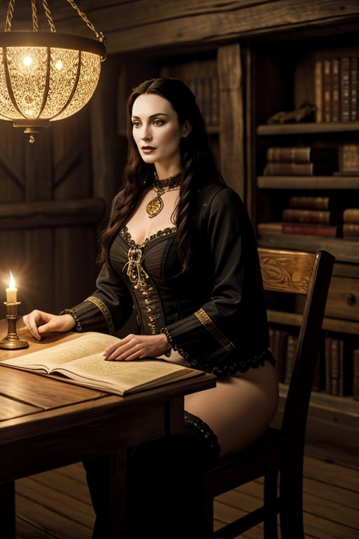 Illuminated By Warm Lantern-light Wooden Beams, Woman Like Morticia Addams, Rounded Breast AI Porn