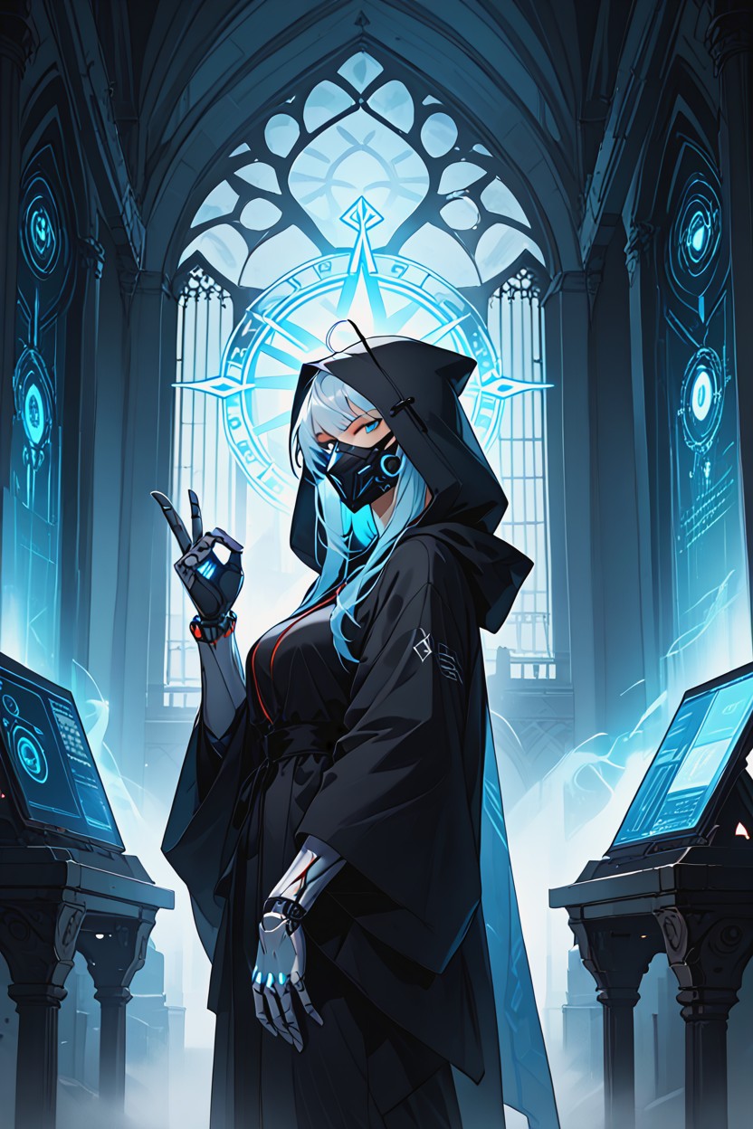 In Dark Hooded Robe, Intertwined Cables, Pixie Hair Hentai AI Porn