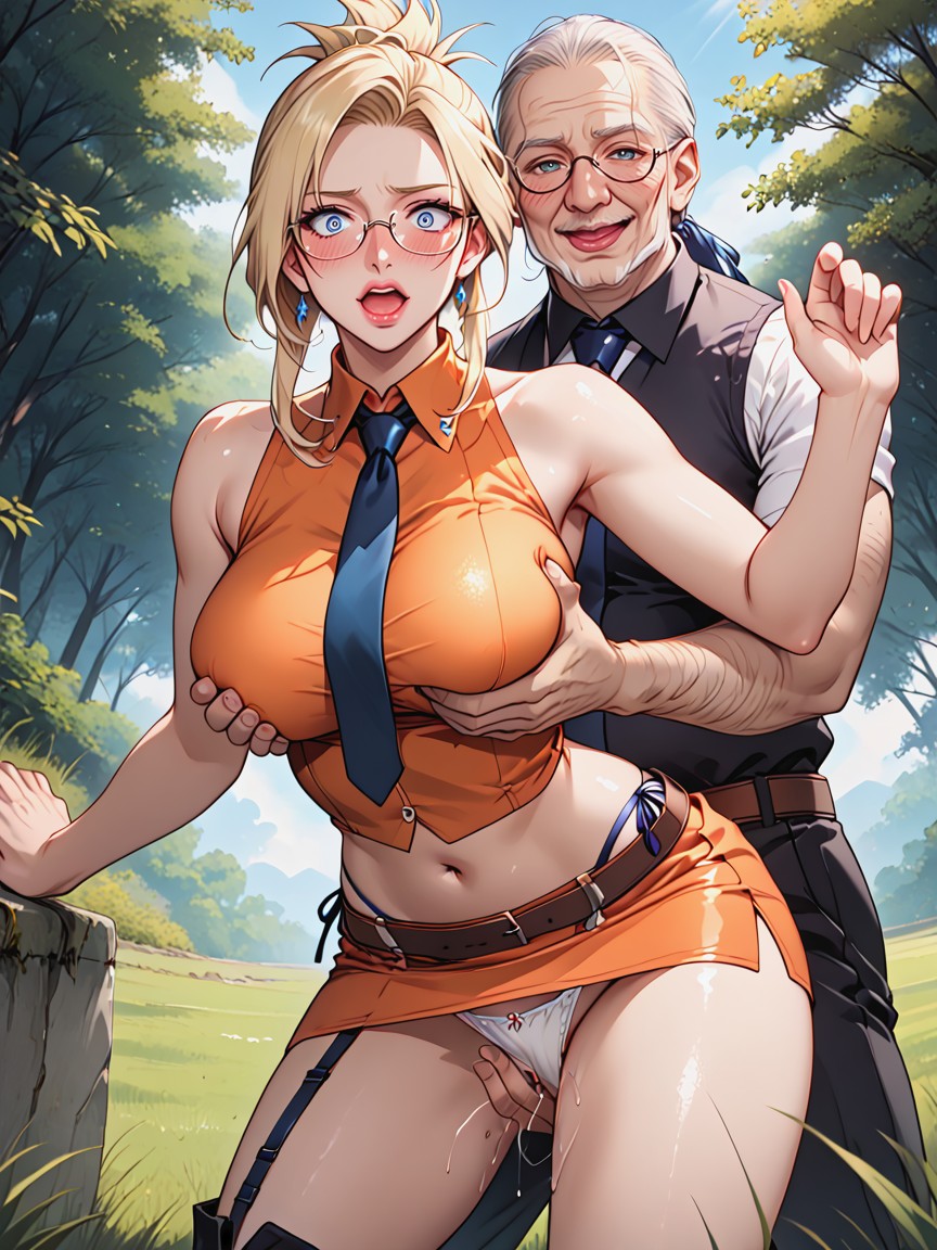 Beautiful Eyes, Old Gentle Mans Hand Fingering Pussy Under Anothers Panties From Behind, Shocked Hentai AI Porn