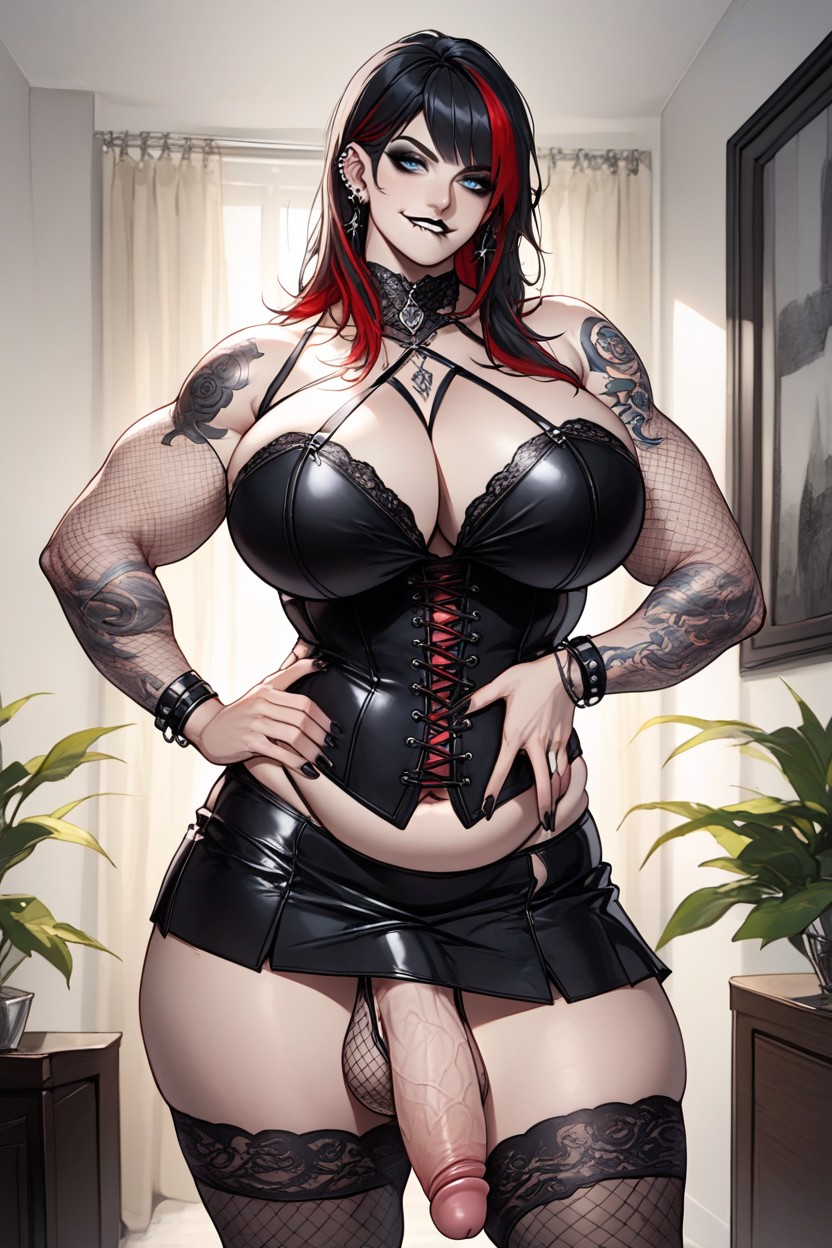 Many Ear Piercings, Very Bangs, Faiblement Éclairé Porno IA transsexuelle
