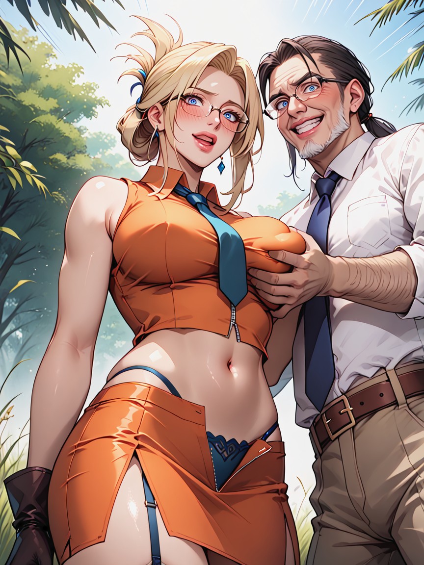 Bewitching Smile, From Behind, Zip Up Orange Shirt Hentai AI Porn