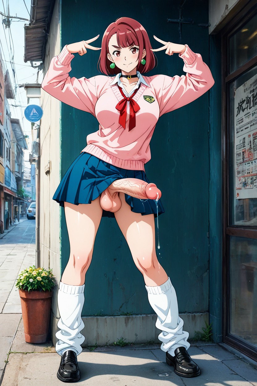 Futanari, Focus On Loose White Knee Socks, Thick Eyebrow AI Porn