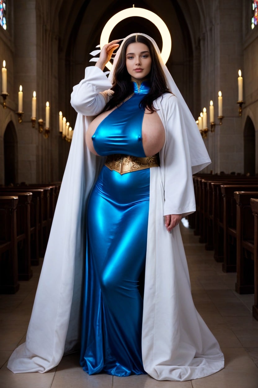 Holy Virgin Mary Face, Glowing Clothes, Veil Covered Long Straight Black Hair Style AI Porn