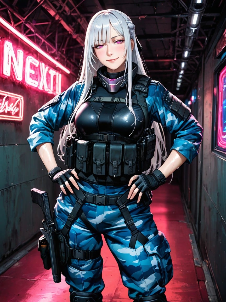 Fit Body, Black Tactical Vest With Pouches, Standing Hentai AI Porn