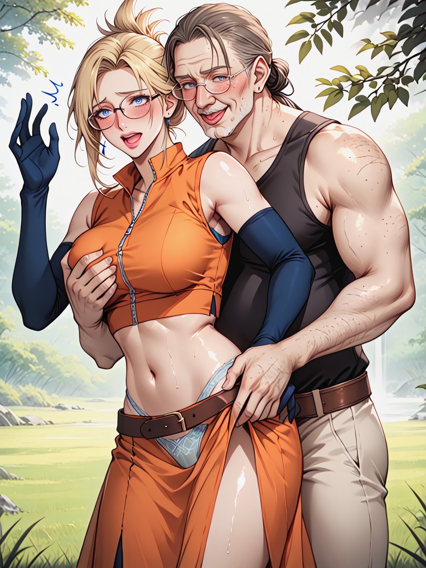 Navel Exposed, Blonde Hair, Black Collared Shirt Hentai AI Porn