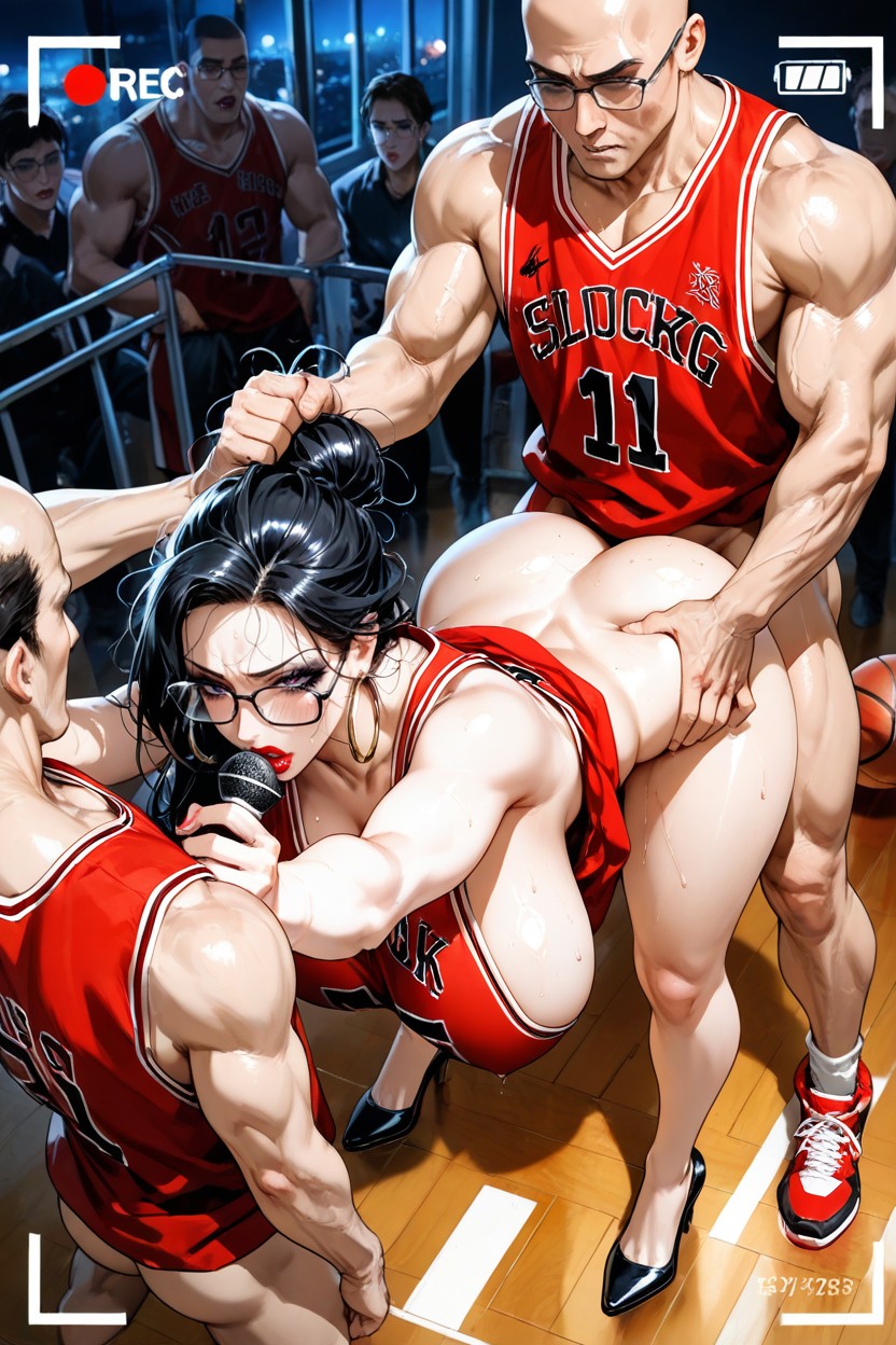 Black Eyeliner, Pushing Woman Head Down, Black Hair Glasses Hentai AI Porn