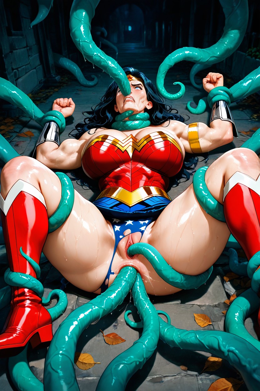 Tentacle Wrapped Tightly Around Neck, Broad Shoulders, Blue Leather Skirt Hentai AI Porn