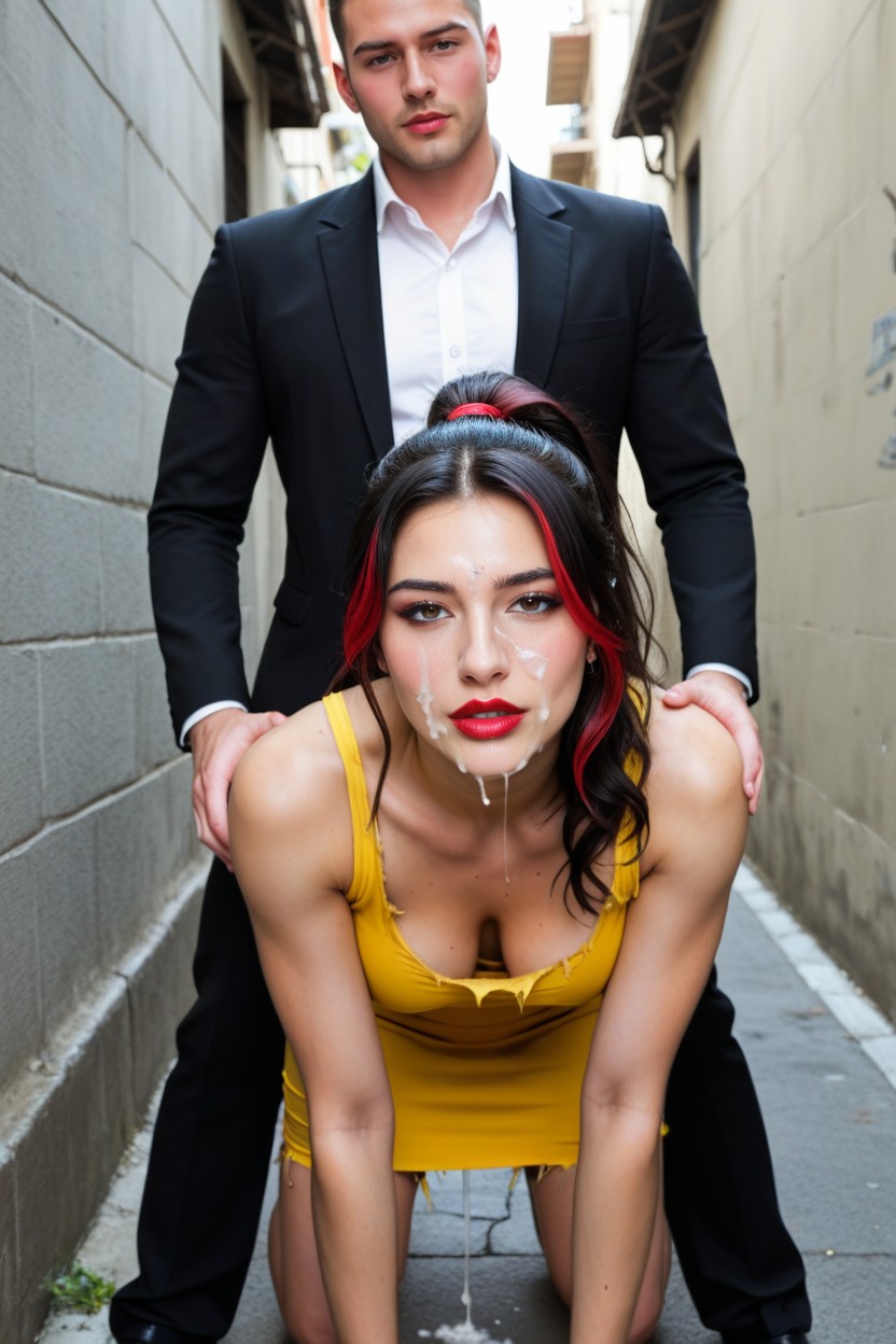 Woman Face Down Against An Alley Wall, Waist Shot, Hdr+ AI Porn