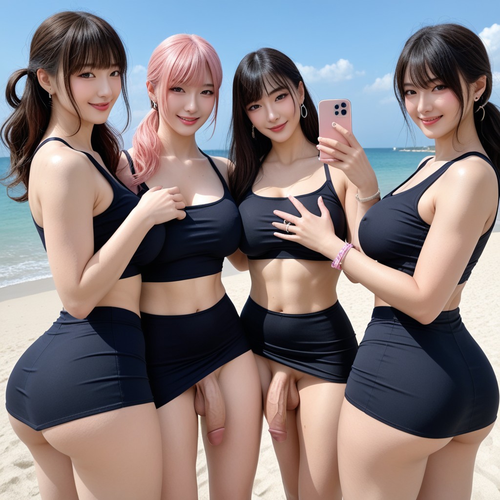 Group Of Three Futanari, Focus On Face, Pretty Face Porno IA Asiatique