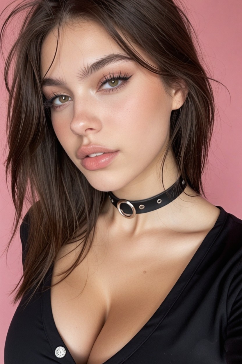 Squeezed Cleavage Line, Black Office Shirt, Narrowshoulders AI Porn