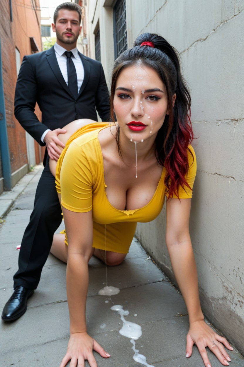 High Ponytail, Woman Face Down Against An Alley Wall, Waist Shot AI Porn