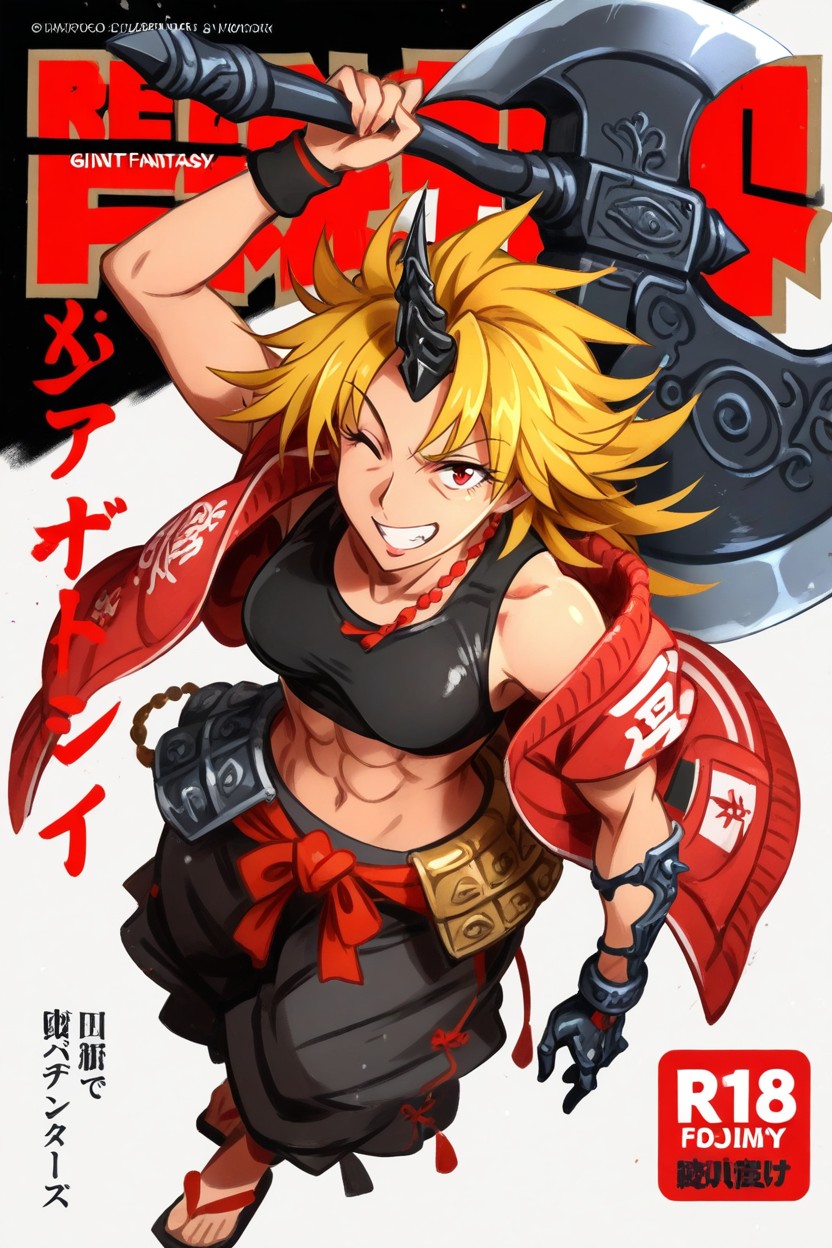 Black Intricate Red Sweatband With Single Horn, Khyle Artstyle, Sharp Hair Tomboy AI 포르노