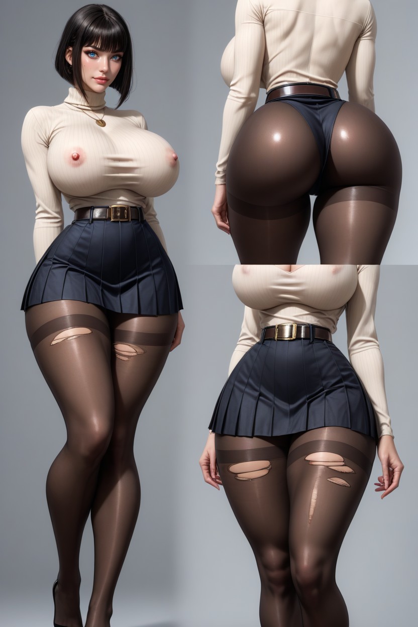 Bending Legs, Black Pleated Skirt, Extremely Big Tits AI Porn