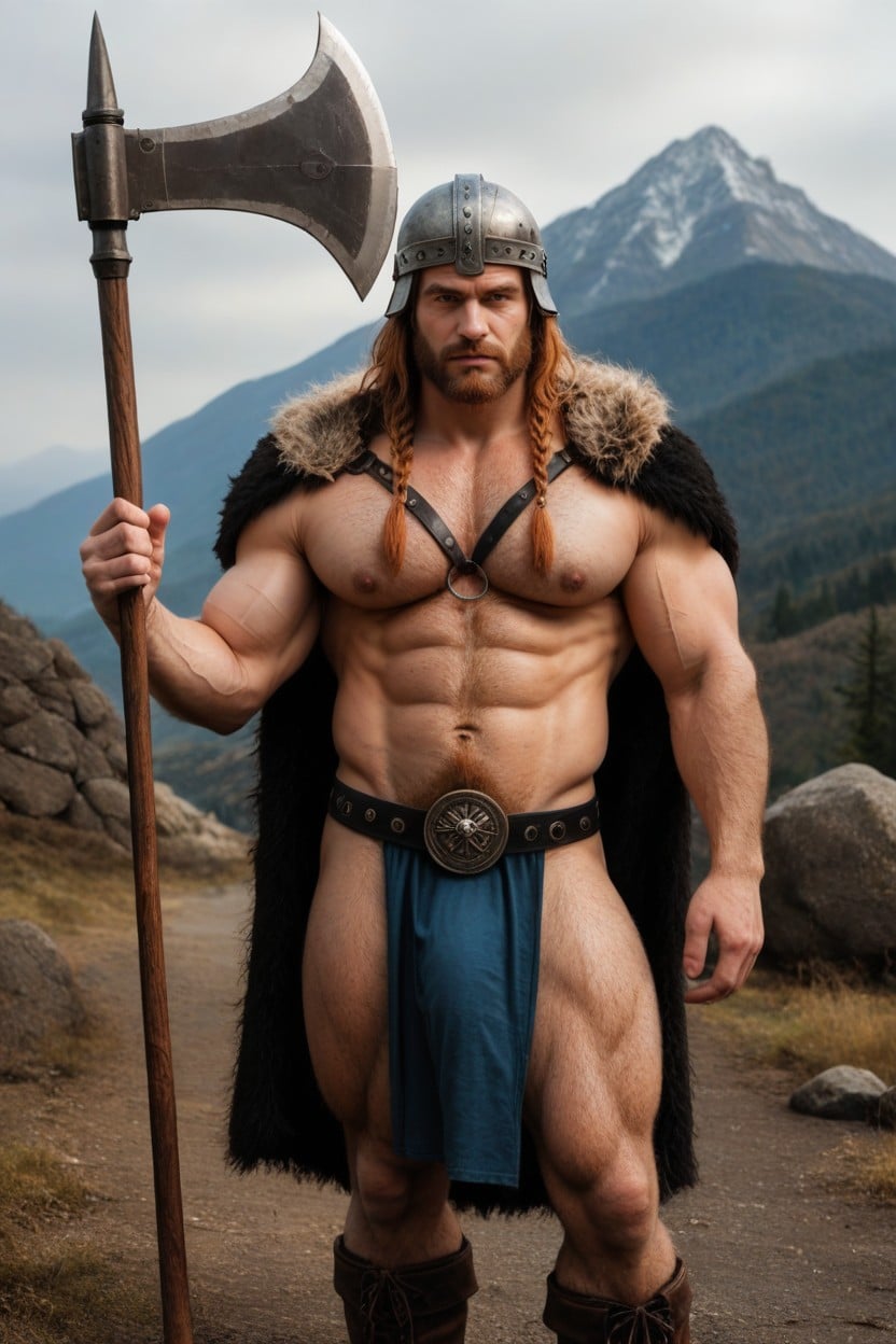 Wearing Viking Helmet, Muscular Body, Mountains In Background Porno IA Gay