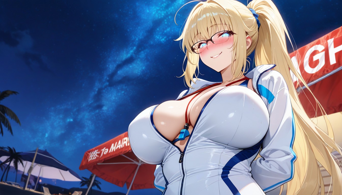 She Has On A White Light Jacket/windbreaker, Front View, Unzipped Hentai AI Porn