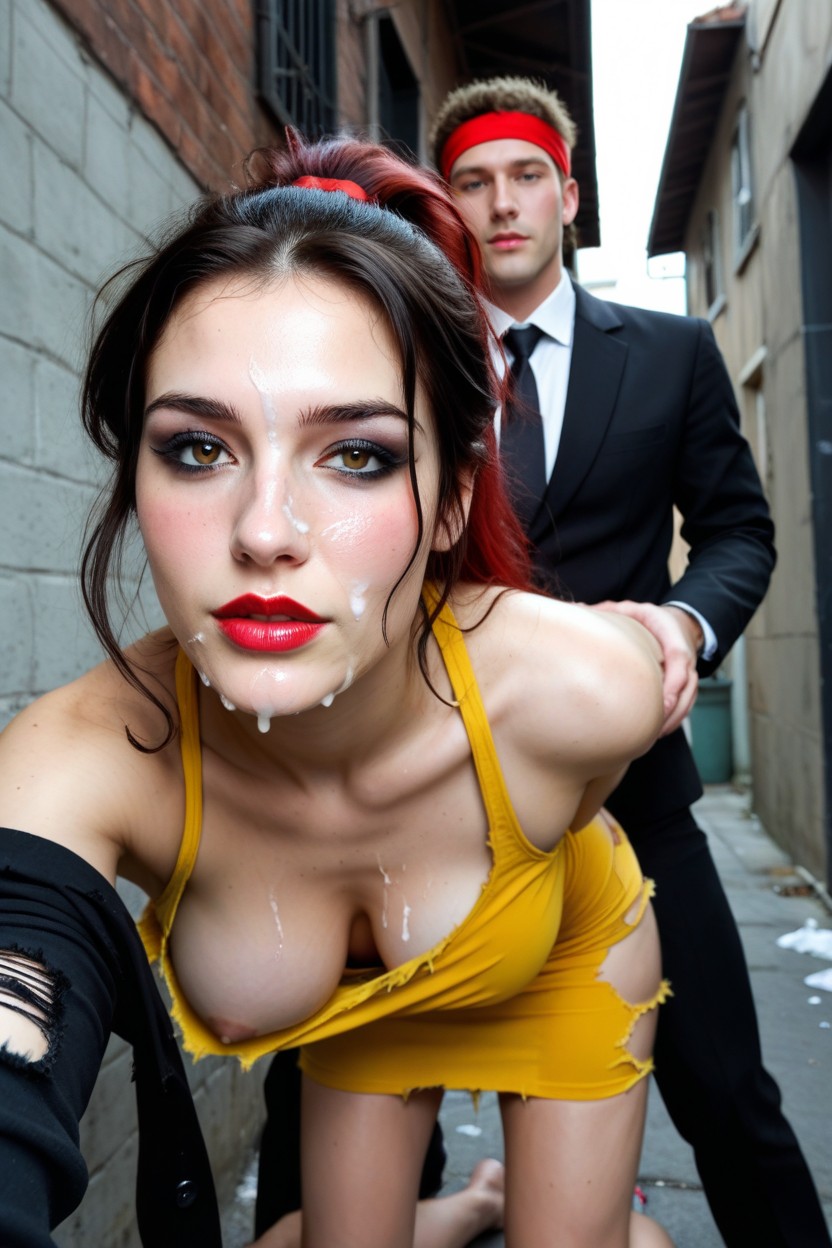 Man In A Black Suit Anally Penetrating A Standing Woman, Yellow Dress, Hyperrealistic AI 포르노
