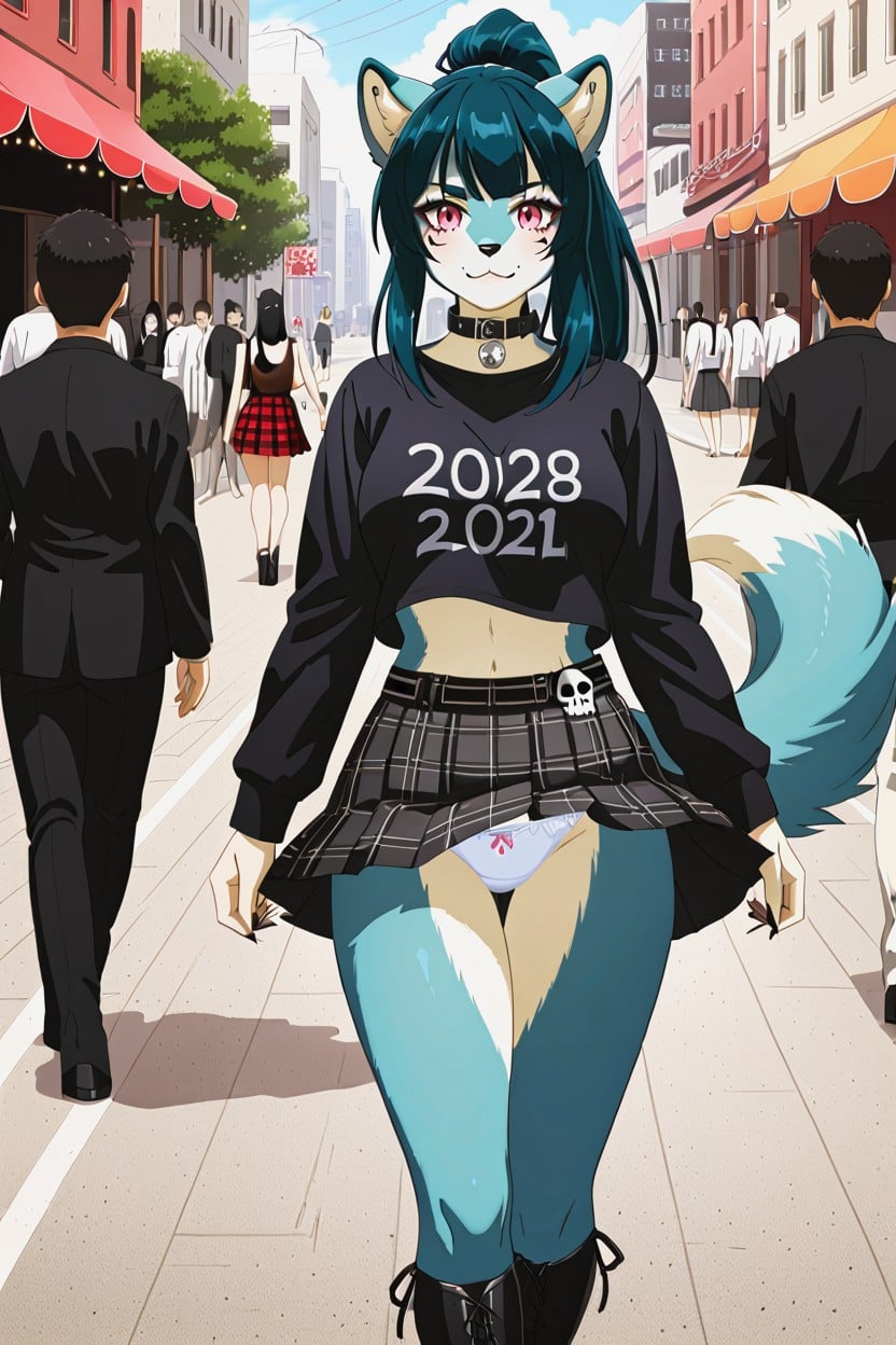 Leather Belt, Long Black Hair, White Panties Wit Rose Print Furry AI Porn
