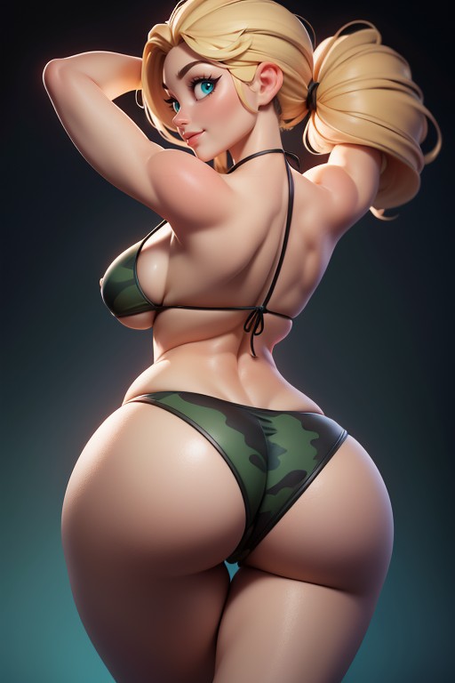 Green And Black Military Camouflage Bikini, No Hair At The Back Of Head, Curvy Hips Hentai AI Porn